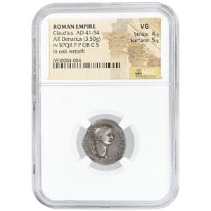Claudius Denarius in NGC Ancients VG holder showing the laureate portrait of the Roman emperor facing right
