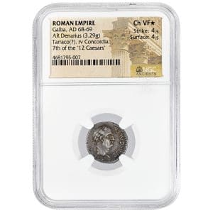 Galba AR Denarius in an NGC Ancients holder, showing the laureate head of Emperor Galba facing right with SER GALBA legend