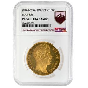 1824 France Gold 100 Francs Essai in an NGC PF64 Ultra Cameo holder, showing the bare head of King Charles X facing right