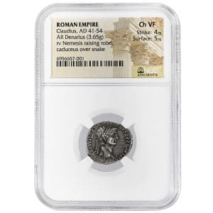 Claudius AR Denarius in an NGC Ancients holder, showing the laureate head of Emperor Claudius facing right