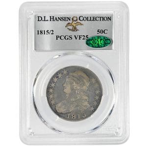 1815/2 Capped Bust Half Dollar in a PCGS VF25 CAC holder, showing capped Liberty facing left with original gray toning