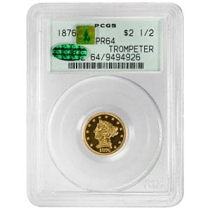1876 Liberty Head Quarter Eagle in a PCGS PR64 CAC holder, showing Liberty facing left with mirrored gold fields