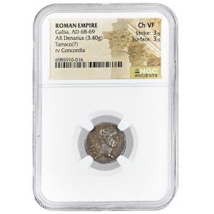 Galba AR Denarius in an NGC Ancients holder, showing the laureate head of Emperor Galba facing right with IMPERATOR legend
