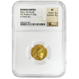Nero AV Aureus in an NGC Ancients holder, showing the laureate head of Emperor Nero facing right with NERO CAESAR AVGVSTVS legend