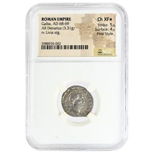 Galba AR Denarius in an NGC Ancients holder, showing a fine style laureate portrait of Emperor Galba facing right