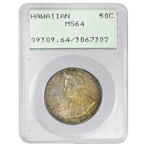 1928 Hawaiian Silver Commemorative Half Dollar in a PCGS MS64 rattler holder, showing Captain Cook facing left with golden toning