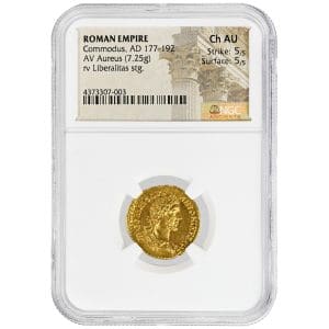 Commodus AV Aureus in an NGC Ch AU holder, showing the laureate draped bust of Commodus facing right with COMMODVS ANTONINVS legend