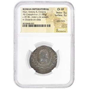 Marc Antony and Octavia AR Cistophorus in an NGC Ch VF holder, showing the ivy wreathed head of Marc Antony within an ivy wreath