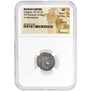 Caligula AR Denarius in an NGC Ancients holder, showing the laureate head of Emperor Caligula facing right
