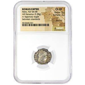 Nero silver denarius NGC Ch XF, laureate portrait of the emperor in a clear NGC Ancients holder with Roman Empire label.