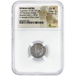 Augustus Denarius Mars Ultor in NGC Ch XF holder, laureate head of Augustus left with CAESAR AVGVSTVS legend