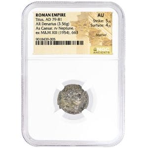 Titus Denarius Neptune in NGC AU holder, laureate head of Titus right with toned silver surfaces