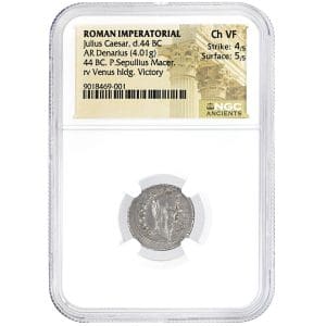 Julius Caesar denarius in NGC Ancients holder showing veiled, wreathed portrait of Caesar, graded Ch VF