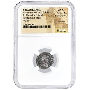 Antoninus Pius denarius in NGC Ancients holder showing bare head of Antoninus Pius with DIVVS ANTONINVS legend