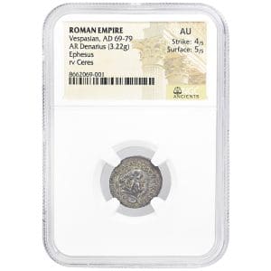 Vespasian denarius in NGC Ancients holder showing laureate head of Vespasian, Ephesus mint, graded AU