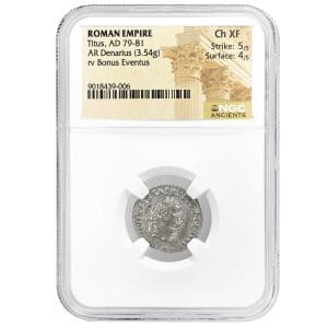 Roman Empire Titus denarius in an NGC Ch XF holder, laureate portrait of Titus facing right