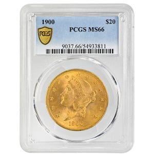 1900 $20 Liberty Head Double Eagle in a PCGS MS66 holder, lustrous gold with Liberty facing left