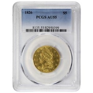 1826 Capped Head Half Eagle in a PCGS AU55 holder, Liberty in a cap facing left within a ring of 13 stars.