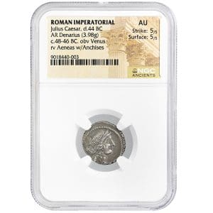 Julius Caesar silver denarius in an NGC Ancients AU holder, obverse showing the diademed head of Venus facing right.