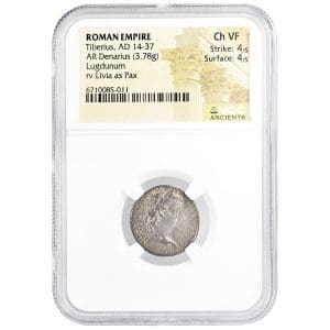 Tiberius Tribute Penny silver denarius in an NGC Ancients Ch VF holder, obverse with laureate head of Tiberius right.