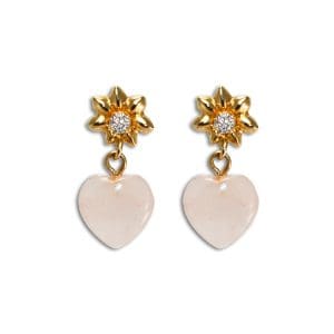 Heart Rose Quartz Earrings with Cubic Zirconia in 14K Yellow Gold