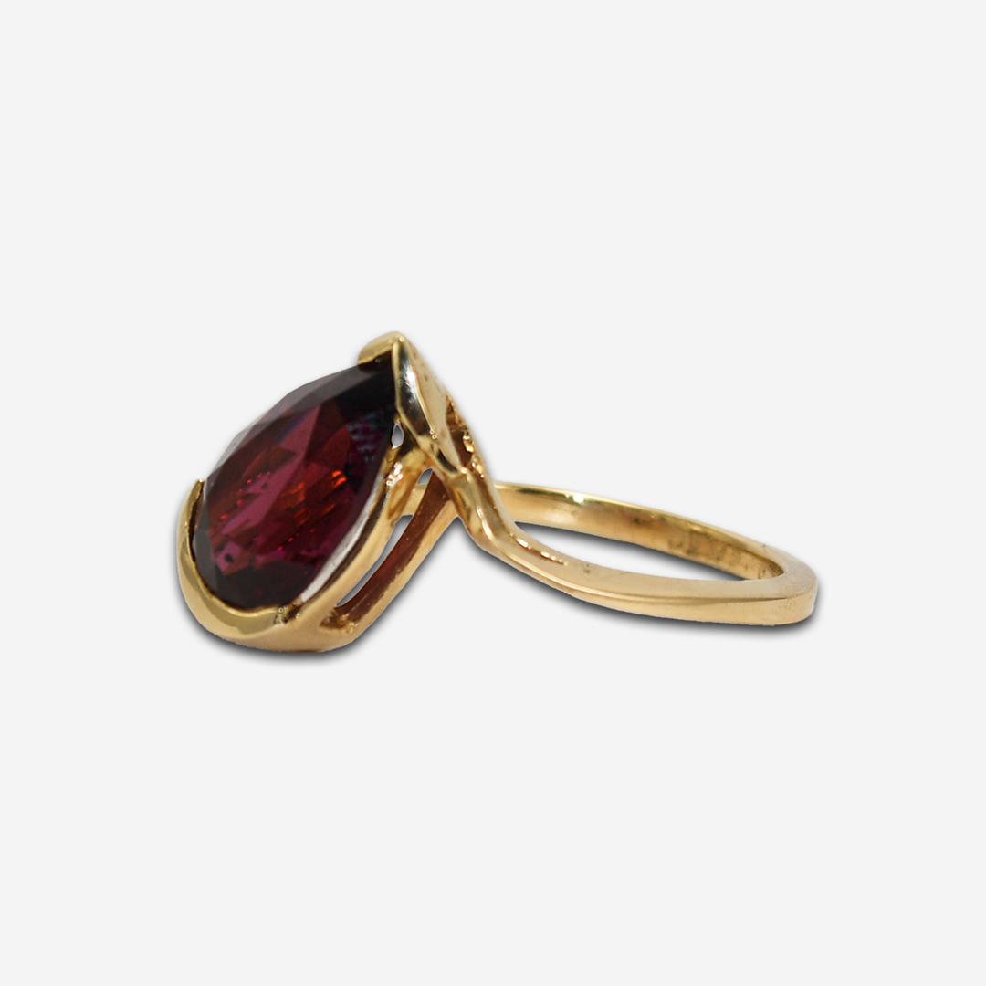 14k Yellow Gold Ladies 3.80ct Pear Shaped Rhodolite Garnet Ring - Image 6