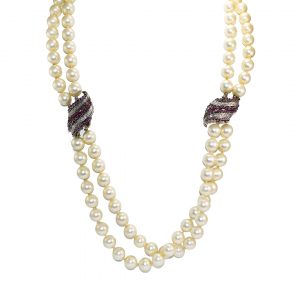 24-inch Faux Double Pearl Strand with 18K White Gold Diamond and Ruby Clasps