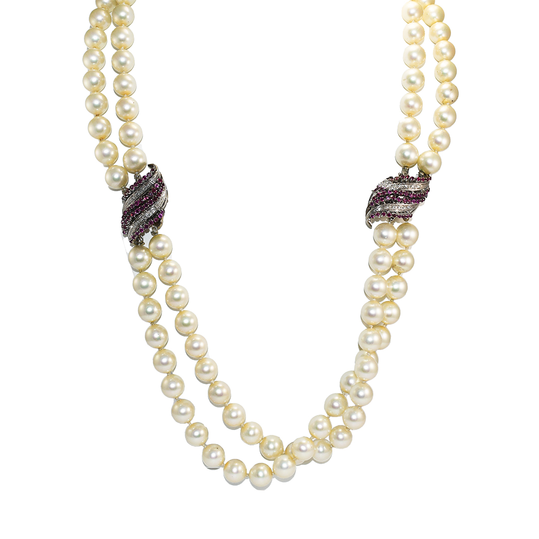 24-inch Faux Double Pearl Strand with 18K White Gold Diamond and Ruby Clasps