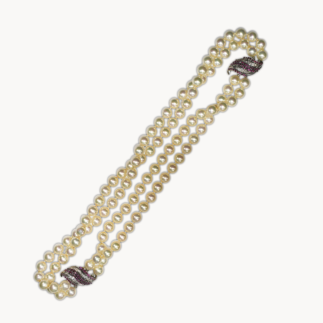 18k White Gold Diamond and Ruby Clasps - 24" Faux Double Pearl Strand - Image 2