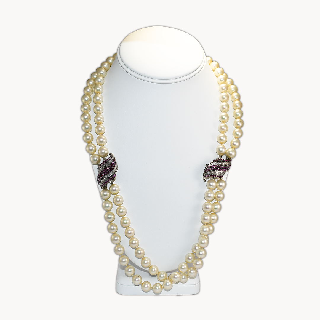 18k White Gold Diamond and Ruby Clasps - 24" Faux Double Pearl Strand - Image 3
