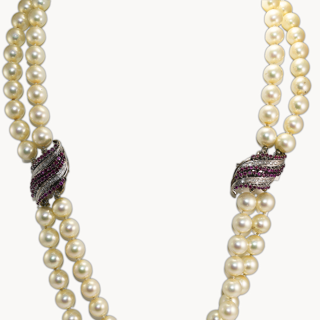 18k White Gold Diamond and Ruby Clasps - 24" Faux Double Pearl Strand - Image 4