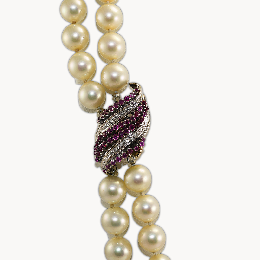 18k White Gold Diamond and Ruby Clasps - 24" Faux Double Pearl Strand - Image 5