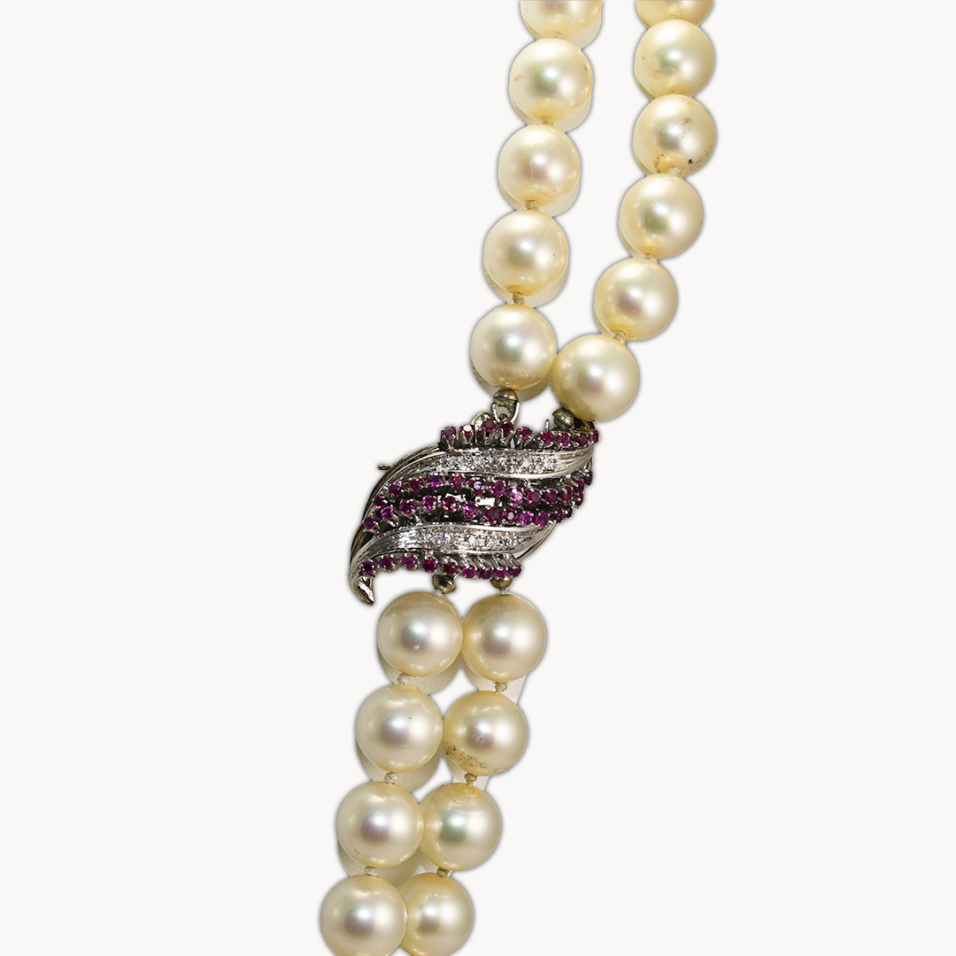 18k White Gold Diamond and Ruby Clasps - 24" Faux Double Pearl Strand - Image 6