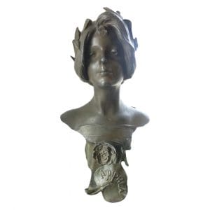 Art Nouveau Patinated Bronze Nynphea Head Statue