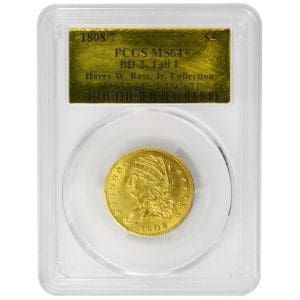 1808/7 $5 BD-2 Capped Bust Large Bust PCGS MS64+ Rare Coin