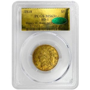 1818 $5 Capped Bust Rare Coin, PCGS MS63+, CAC