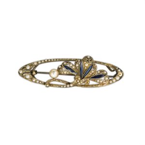 Antique Pearl & Sapphire Brooch in 18K White Gold
