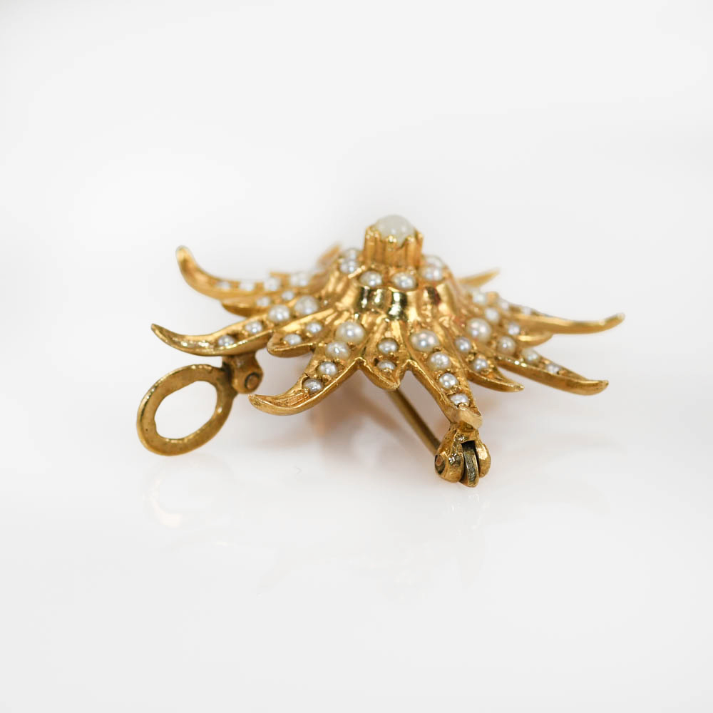 14K Yellow Gold Vintage Seed Pearl Brooch, 4.5gr - Image 5