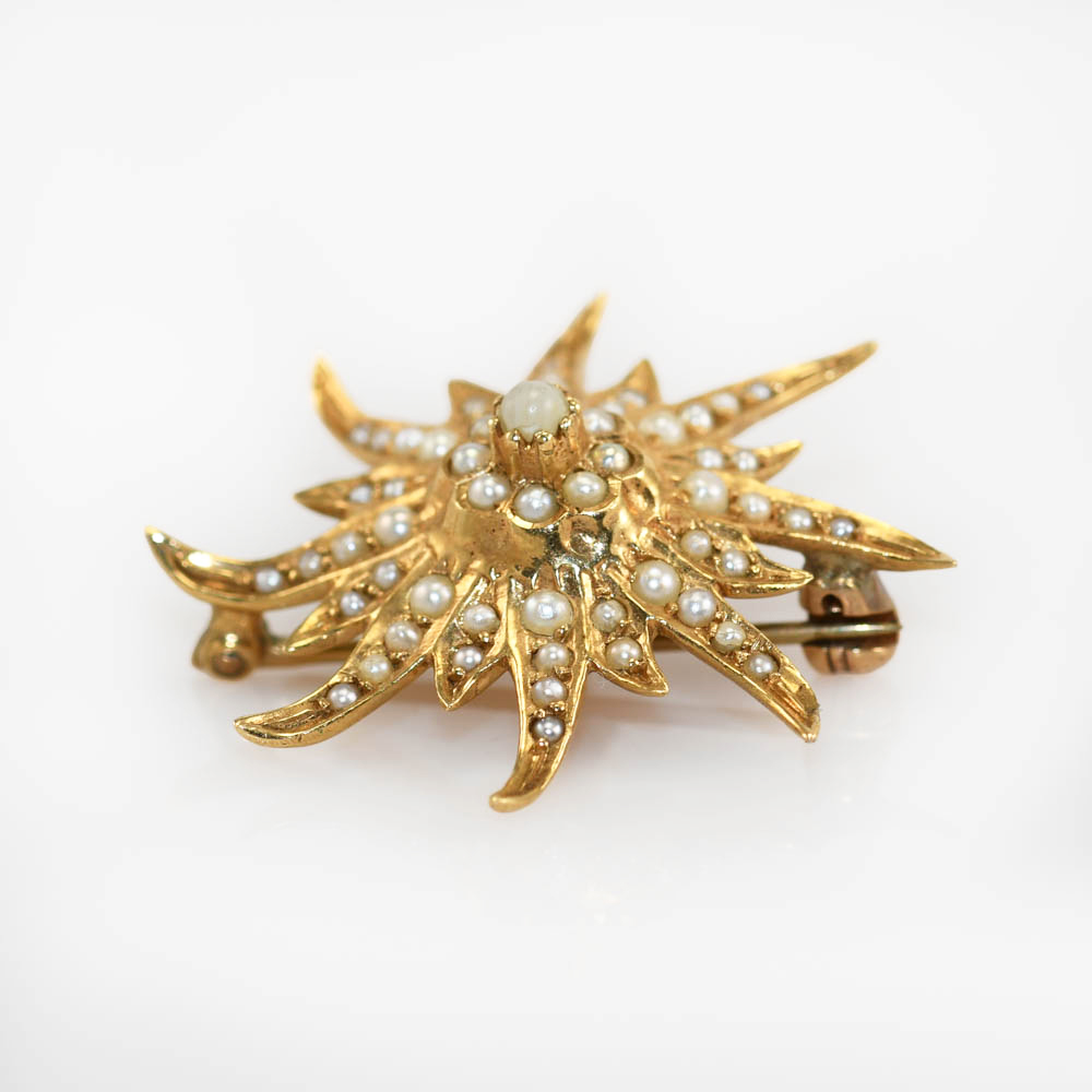 14K Yellow Gold Vintage Seed Pearl Brooch, 4.5gr - Image 3