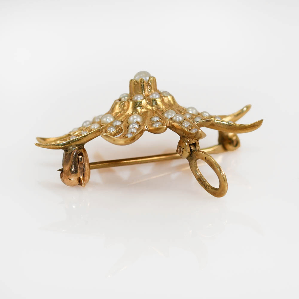 14K Yellow Gold Vintage Seed Pearl Brooch, 4.5gr - Image 4