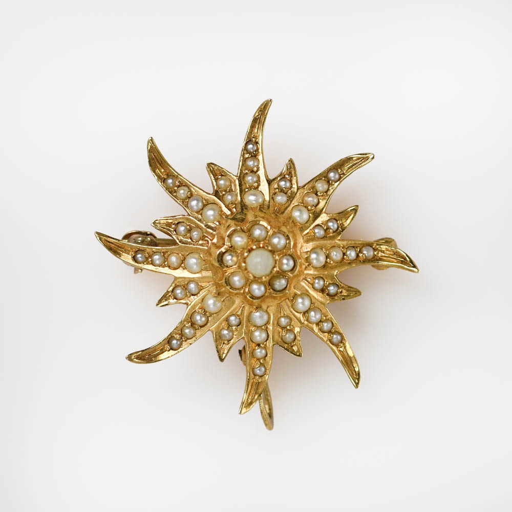 14K Yellow Gold Vintage Seed Pearl Brooch, 4.5gr - Image 2
