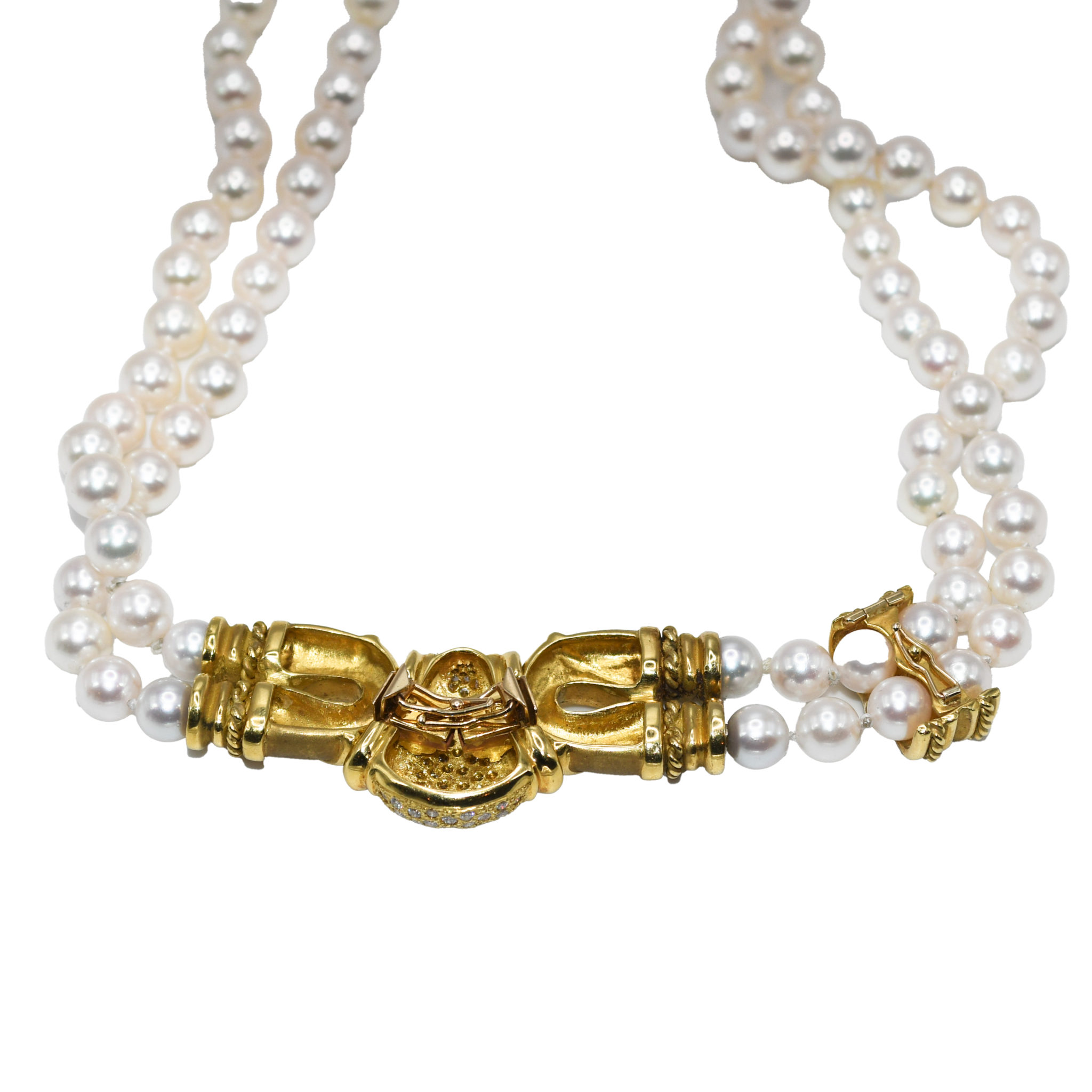 18K Yellow Gold Pearl and Diamond Necklace - Image 5
