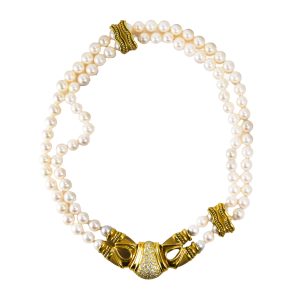 18K Yellow Gold Pearl and Diamond Necklace