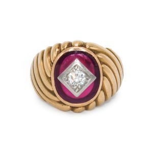 10k Yellow Gold Diamond Ring & Synthetic Ruby .30ct, 10.4gr