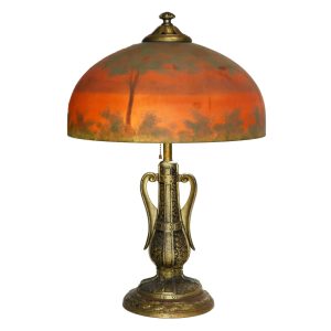 Original Handel Style Reverse Painted Lamp on White Metal Patinated Base