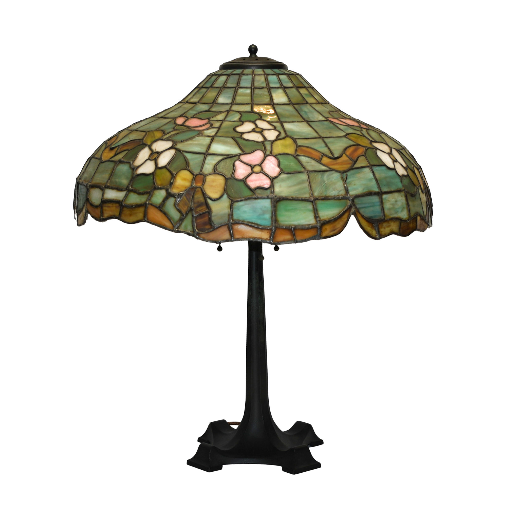 Antique Chicago Style Leaded Lamp with Geometric & Dogwood Flower