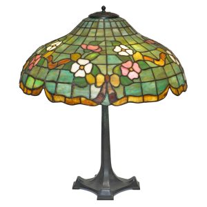 Antique Chicago Style Leaded Lamp with Geometric & Dogwood flower pattern