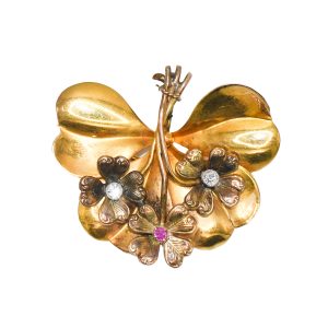 18k Yellow Gold Antique Floral Brooch/Pendant with Diamonds and Ruby, 7.2gr