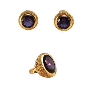 18K Yellow Gold Synthetic Alexandrite Earrings/Ring Set, 45gr