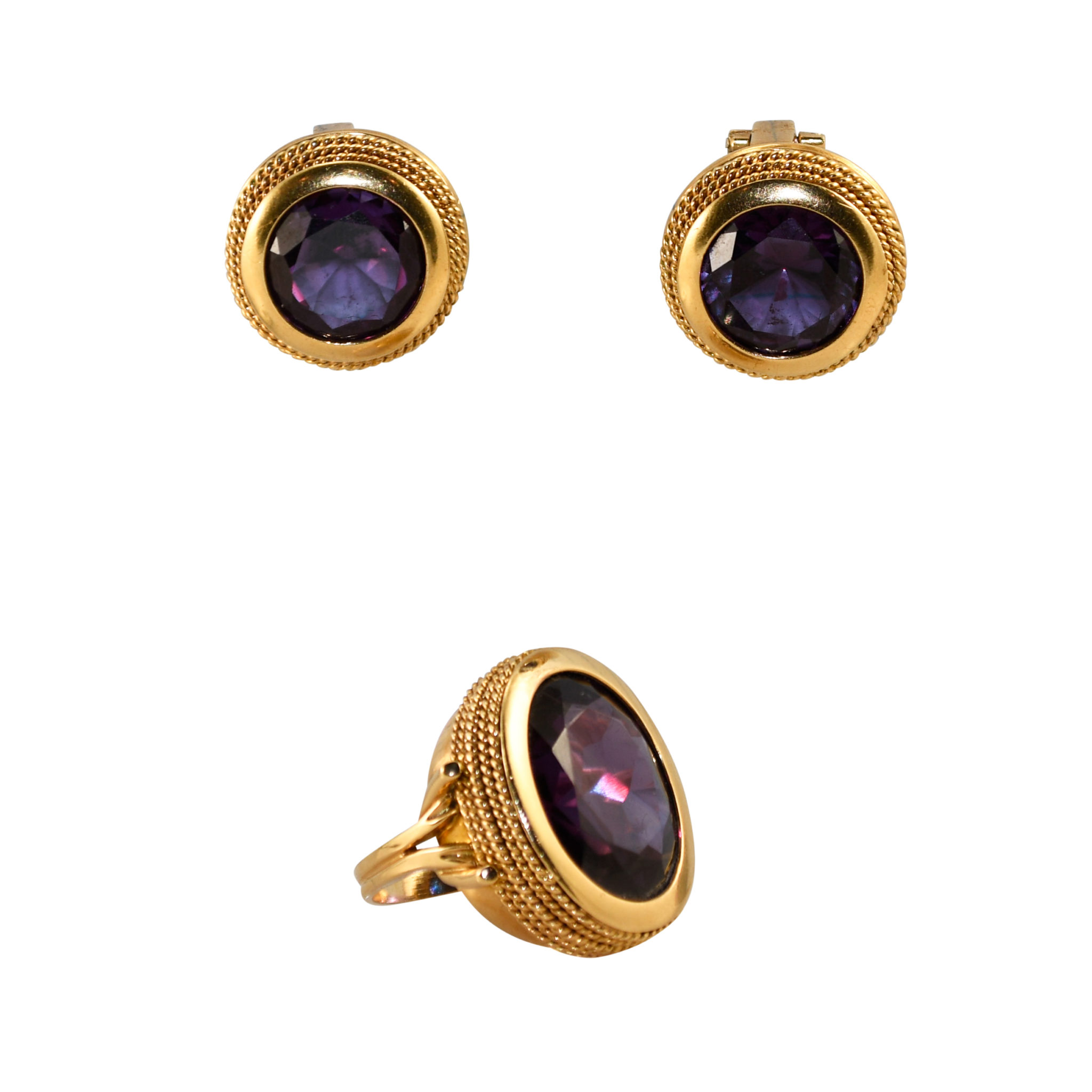 18K Yellow Gold Synthetic Alexandrite Earrings/Ring Set, 45gr